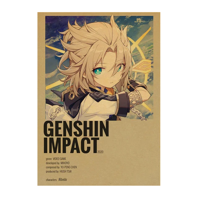 Genshin Impact Anime Posters Kraft Paper Prints Home Room Decor Study Bedroom Bar Cafe Wall Paintings Cartoon Wall Stickers Kraft Paper