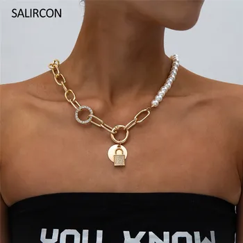 

Salircon New Fashion Round Coin Lock Pendant Necklace Statement Punk Imitation Pearl Beaded Necklace Choker For Women Jewelry