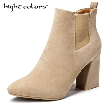 

Bige Black Women Boots Comfy Square High Heel Ankle Boots Fashion Pointed Toe Slip On Booties Scrub Autumn Ladies Shoes 2019