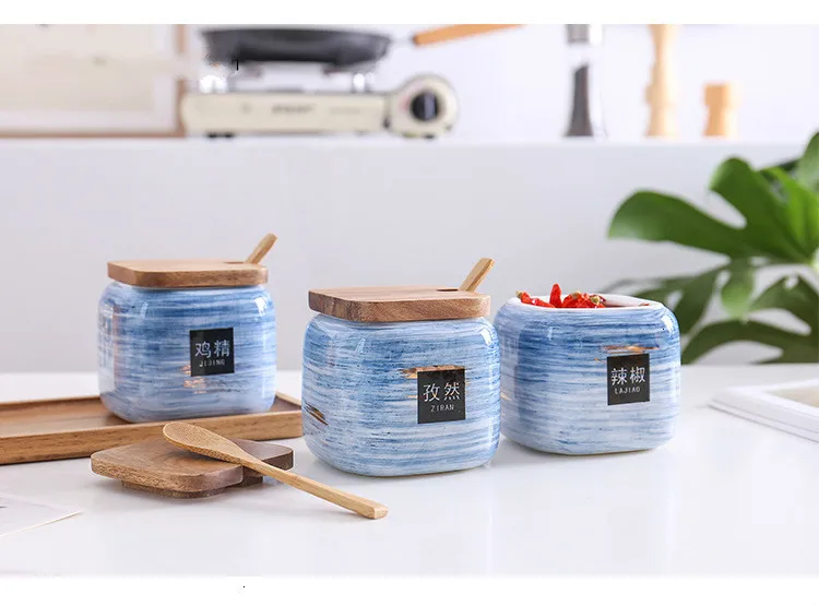 Ceramic Condiment Storage Jar Household Seasoning Pot Bamboo Tray Spice Jar Soy Sauce Box Salt Sugar Can Kitchen Organizer Tools