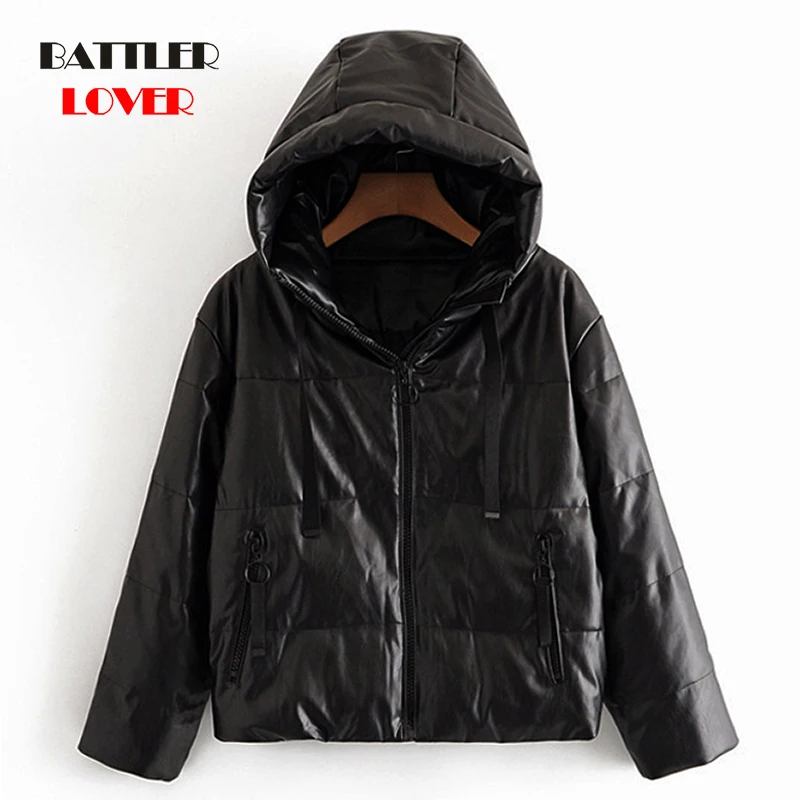 2021 Women Fashion Thick Warm Faux Leather Padded Jacket Coat for Female Vintage Long Sleeve Oversized Parka Outerwear Chic Tops