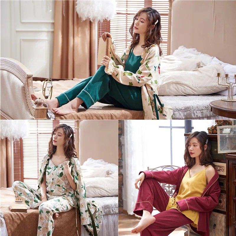 

Spring And Autumn Women's Pajamas Korean-style Pullover Trousers Casual Camisole Three-piece Set Pure Cotton Homewear Set