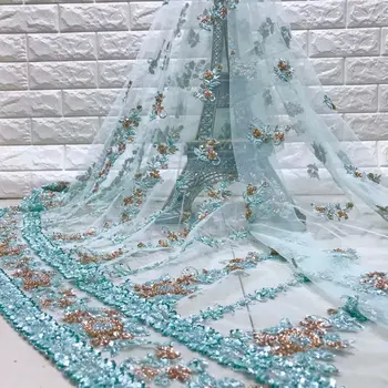 

Beautifical Nigerian lace fabrics 2019 New Handmade beaded mix sequins tulle mesh lace fabric for dress french net lace ML5N599