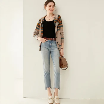 

Fall and winter hooded vintage jacquard cashmere sweater cardigan new style loose hatted pure wool sweater long-sleeved coat