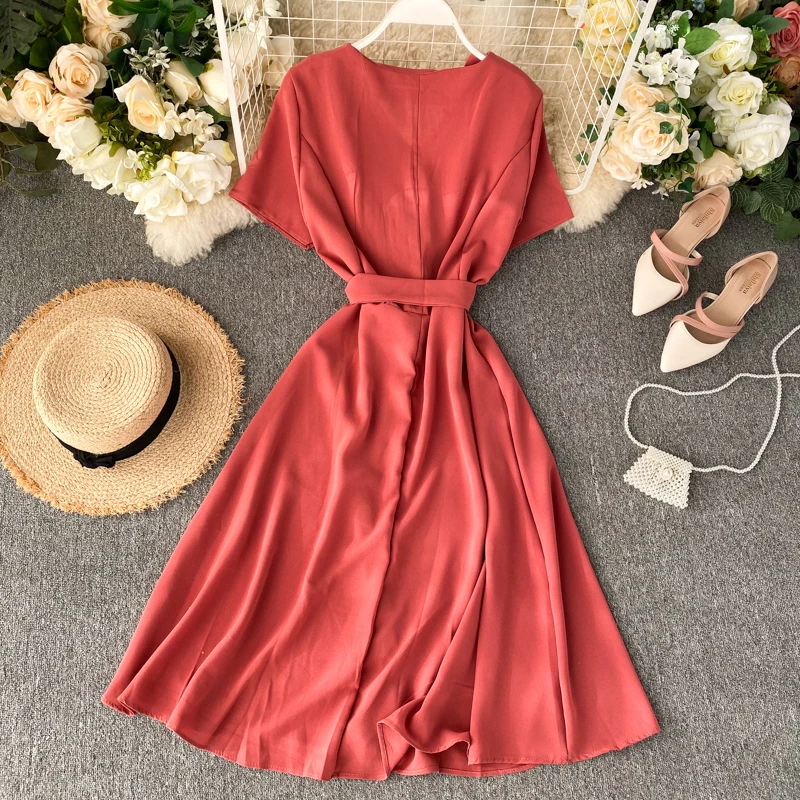 Vintage Spring V Neck Ruffles Summer Midi Dress Vestido De Festa Party Bandage Women A-Line Elegant High Waist Vestidos