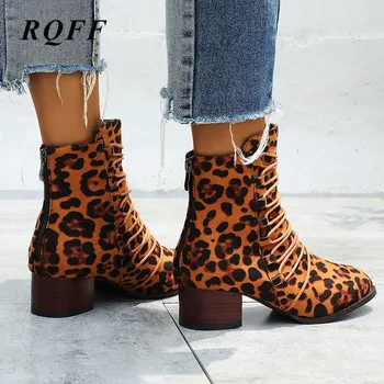 

2019 Autumn Winter Ankle Boots Women Big Size 40 41 42 43 Fashion Square Med Heels Shoes Woman Leopard Flock Handmade Cross-tied