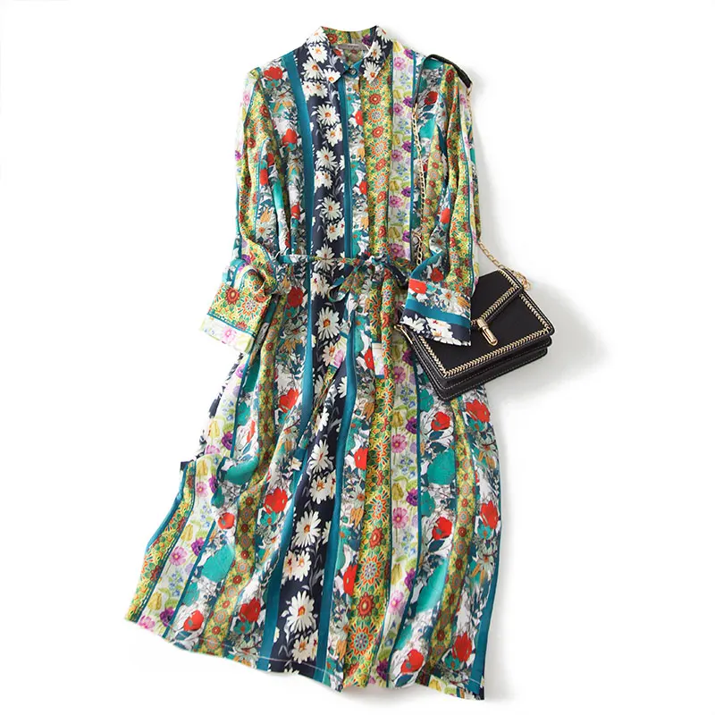 

Женское винтажное платье в полоску, элегантное платье из натурального шелка в стиле бохо, с длинным рукавом и поясом, одежда в Корейском стиле для плявечерние, весна-лето 028