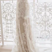 3 ярдов слоновой кости кружевной ткани, французский Шантильи Вышитые Свадебные Кружева Scalloped границы