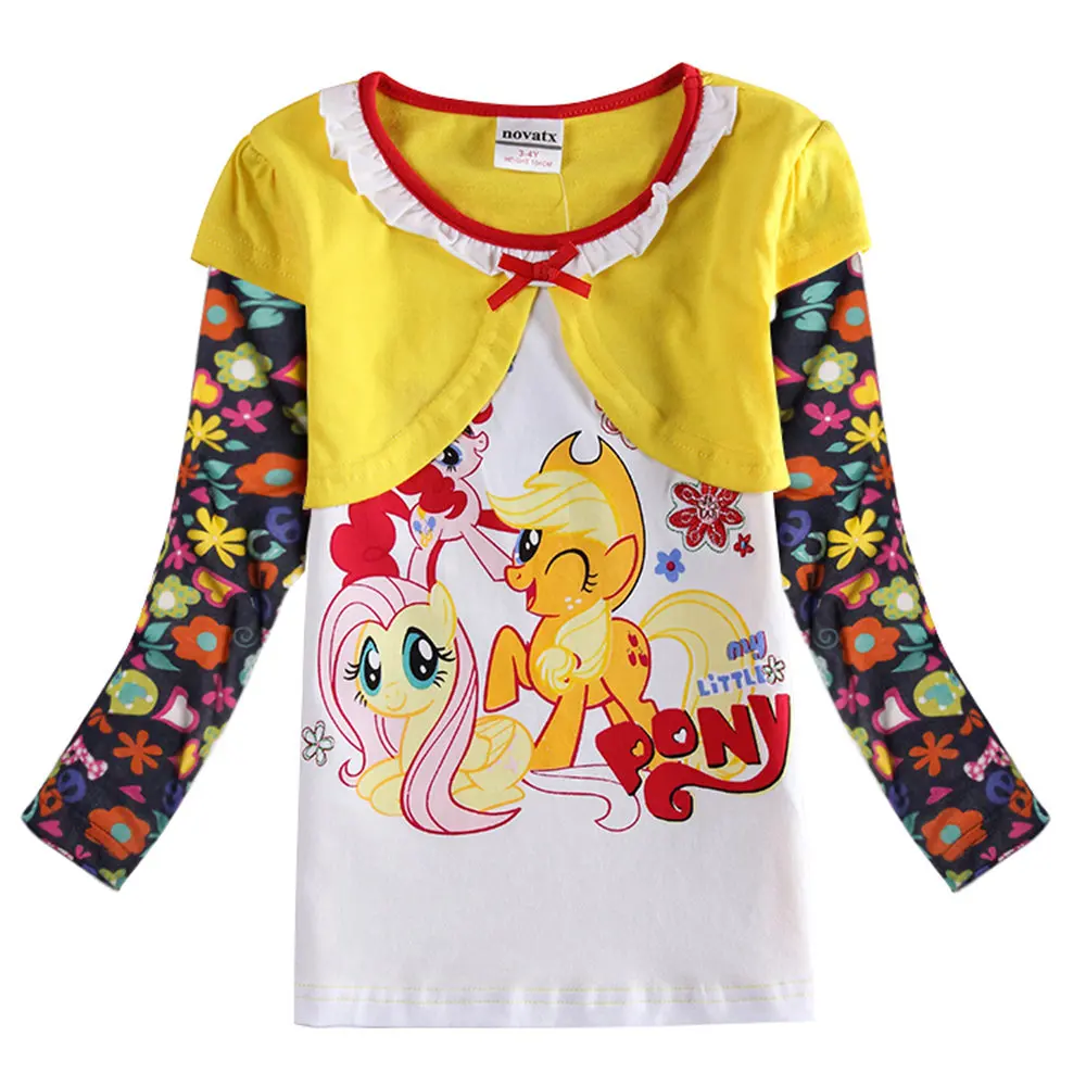 F6423-Yellow-2 JUXINSU/хлопковая футболка с длинными рукавами и рисунком пони для маленьких девочек модная повседневная футболка с цветочным принтом для девочек; сезон осень-зима - Цвет: F6423-Yellow-2
