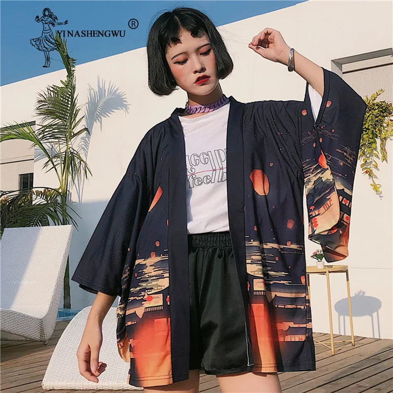 Japanese Kimono Traditional Asia kimono Cosplay Costume Cardigan Casual Sleeve Loose Black Femme Japanese Kimono Women Outerwear