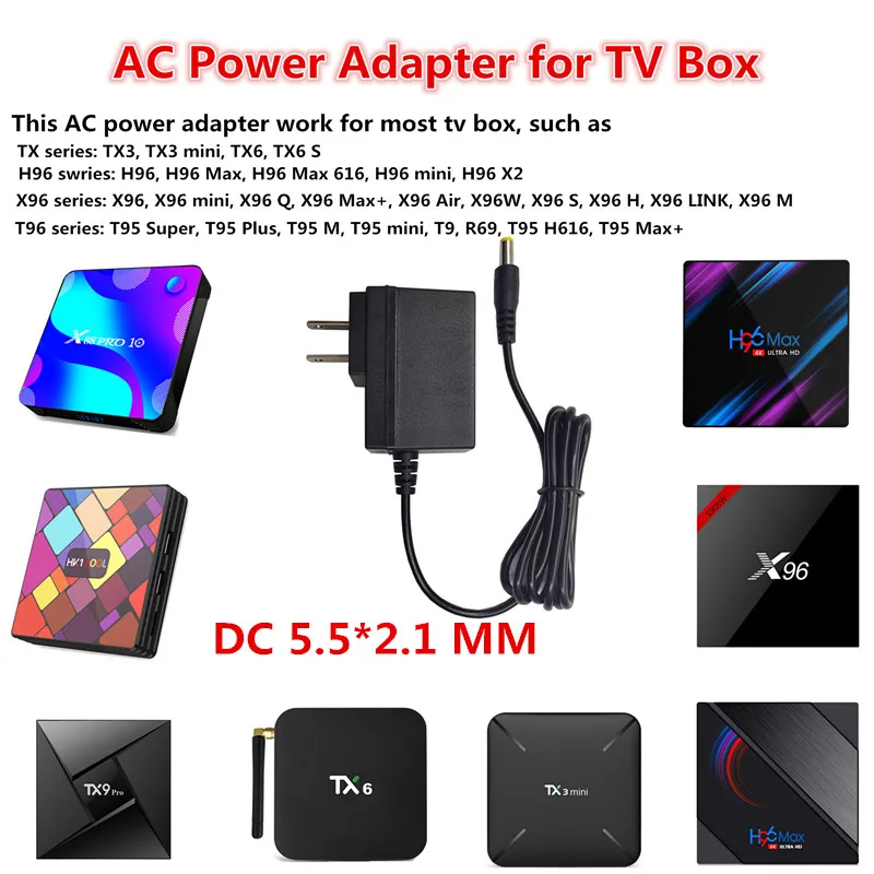 Adaptador de corriente para TV con cargador de 5V y 2A, convertidor de enchufe para Reino Unido, UE, AU, EE. UU., AC-DC para Android, X96 mini/T95/h96/MXQ/HK1/x88/mx10/TX6