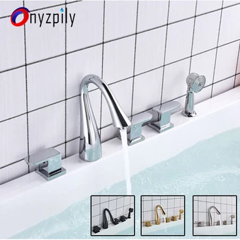 

Onyzpily Bathroom Bathtub Faucet Set 5 PCs Deck Mounted Widespread Tub Mixer Bathroom Goose Neck Bath Shower Set with Handshower