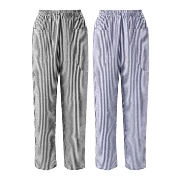 

2x Women Elastic Waist Striped Pockets Loose Cotton Linen Long Harem Pants Casual Overalls Trousers Black XL & Blue L