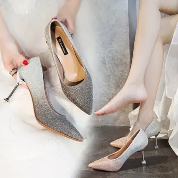 

Wedding Shoes 2019 Fall New Pointed Sequin Bridesmaid Single Shoes Crystal Bride Stiletto Heels Temperament Elegant Womens Shoes