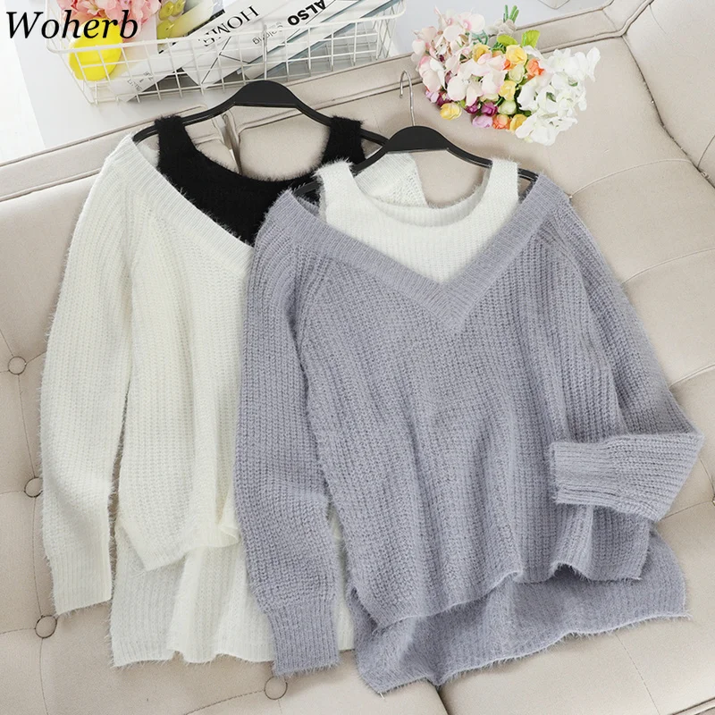 Woherb Pull Femme с длинными рукавами в стиле пэчворк пуловеры поддельные Двойка Повседневное свободный свитер с открытым плечом Для женщин корейский стиль 91444