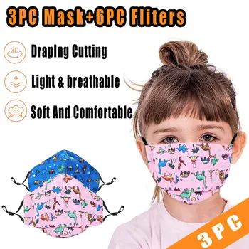 

Kids Boys Girls Reusable Cartoon Dustproof Mascarillas With 6pc Filters Cotton Floral Prints Planet Animal Print Filter Mask