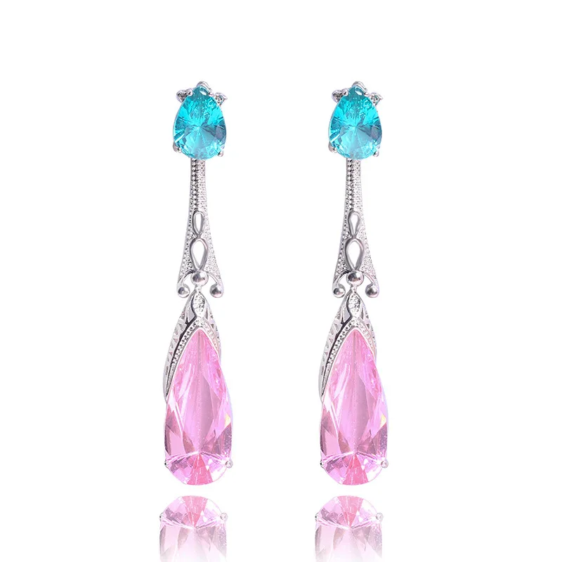 Pink Light Blue Роскошные AAA морской синий циркон Brincos серебряный цвет серьги гвоздики для женщин ювелирные изделия свадебное, на помолвку, заявление серьги в форме капли подарки - Окраска металла: Pink Light Blue