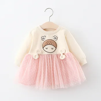 

2020 Autumn Clothes New Children's Cartoon Embroidered Gauze Dress Baby Girls Polka Dot Mesh Princess Dress Kids Bowknot Dresses