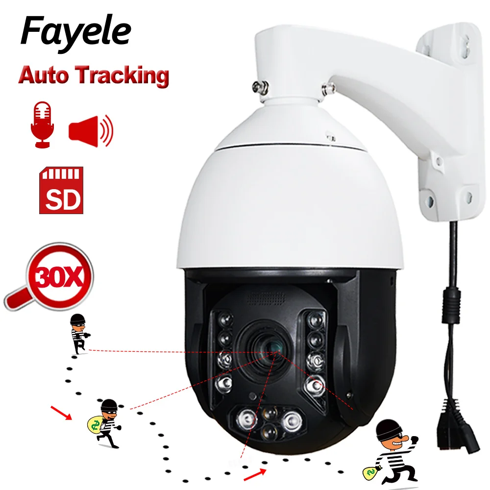 

6“ Outdoor 2MP Auto Tracking PTZ Camera Person Detection Humanoid Tracking H.265 IP Camera IR200M 30X ZOOM Audio Flash Alert SD