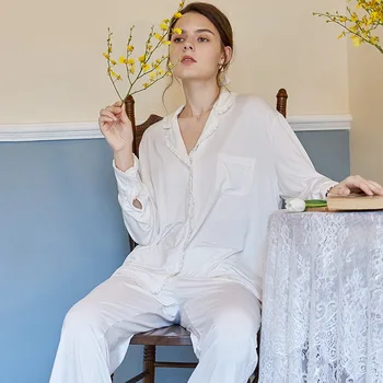 

Autumn New Style Women Cotton Pajamas Suit Long-sleeve Turn-down Collar Lace Cardigan Pyjamas Comfortable Casual Home Nightwear