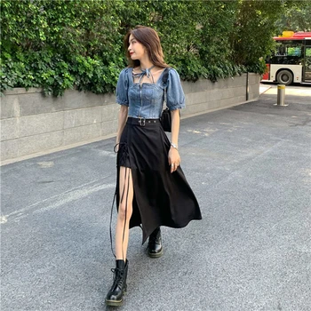 

Women's Skirts Side Split Tassels Summer High Waist Elastic A-line Design Students Woman Bandage Skirt Midi Faldas Black PL151
