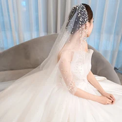 Handmade Romantic Wedding Veil 3M Bridal Veil Long Cathedral Wedding Veil with Pearl Handmade Beading Hat Single Layer Veils
