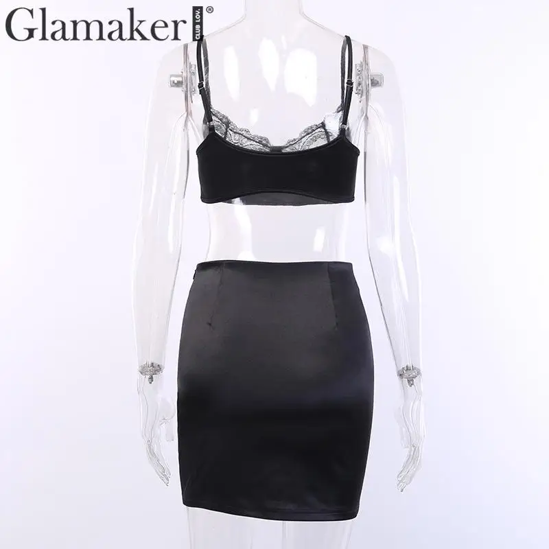 Glamaker, сексуальный костюм из двух частей, атласное платье, женское, облегающее, Мини, Клубное, черное платье, элегантные, вечерние, без рукавов, женское короткое платье