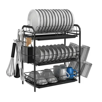 

3 Tiers Wrought Iron Dish Drainer Kitchen Utensils Storage Rack with Cup Holder - Black