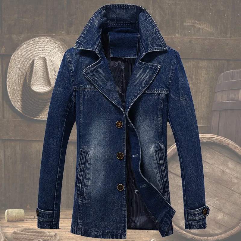 

Spring Clothing Denim Jacket Men's Slim Fit Korean-style Waist Hugging Mid-length Trench Coat Suit Collar Casual Coat