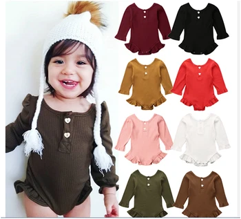 

solid Baby Bodysuit new Newborn Baby Girl Clothes Knitted Ruffle Long Sleeve Bodysuit Overall Outfit Set Size 0-24 Months