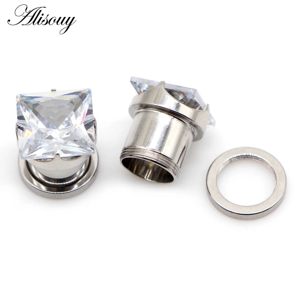 Piercing Jewelry Body Piercing Jewelry Ear Piercing Jewelry 2pcs Stainless Steel Square Zircon CZ Screw Ear Gauges