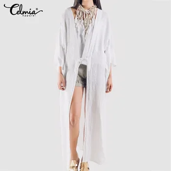 

Long Kimono Cardigans Celmia Vintage Women's Retro Cotton Linen Shirts Casual Loose Solid Long Sleeve Blouses Plus Size Tops 5XL