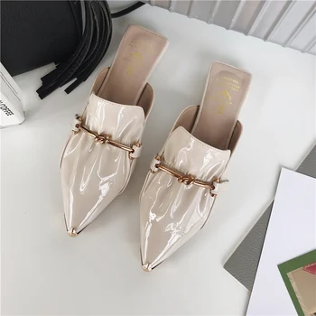 

New Women Slippers Flats Shoes Fashion Casual Slides Patent Leather Ladies Lazy Outside Slippers Pointed Toe Metal Design Mules