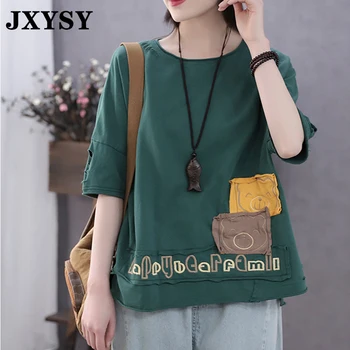 

JXYSY Summer T-Shirt Women Clothes 2020 Vintage Cartoon Piglet Patch Hole Half Sleeve Cotton Loose T-shirt Female Tops