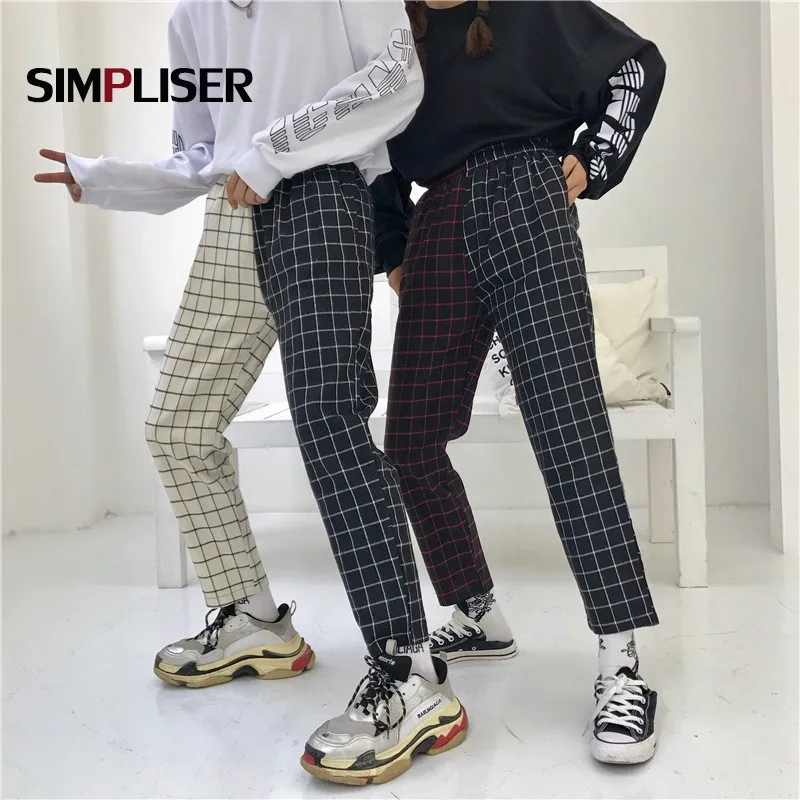 

Pants Womem Man 2020 Harajuku Plaid Pants White Black Fashion Female Elastic Waist Straight Trousers Ankle Length Harem Pants