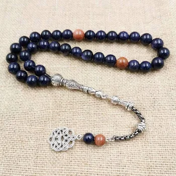 

Natural Blue SandStone tasbih with Gold sandstone Muslim man's gfit For Eid 33 66 99 Paryer beads Special New misbaha bracelet