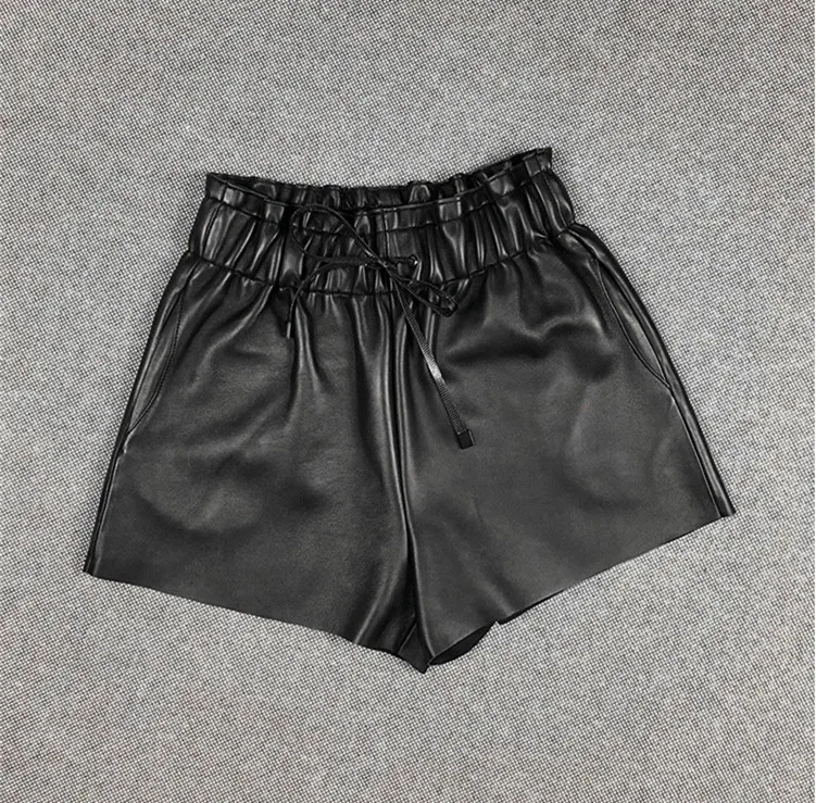 Feminina de Couro Primavera Genuíno Calças Largas-perna Quente Moda Couro Real Cintura Elástica Curtas B397 2021 6 2020 primavera feminina de couro genuíno calças