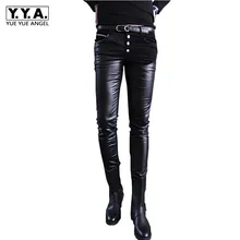 Модные Лоскутные мотоциклетные обтягивающие мужские брюки из искусственной кожи наивысшего качества повседневные узкие Брюки Клубные брюки черные
