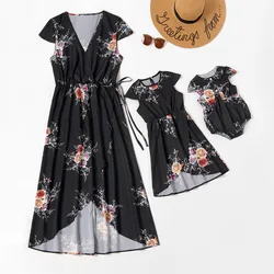 Vestido mãe e filha estampado feminino, saia longa de folha de lótus, estilo pais e filhos, novo, 2021