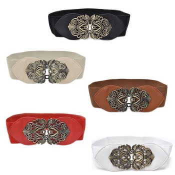 

Women's Retro Flower Elastic Stretch Buckle Wide Waist Belt Waistband (Black)