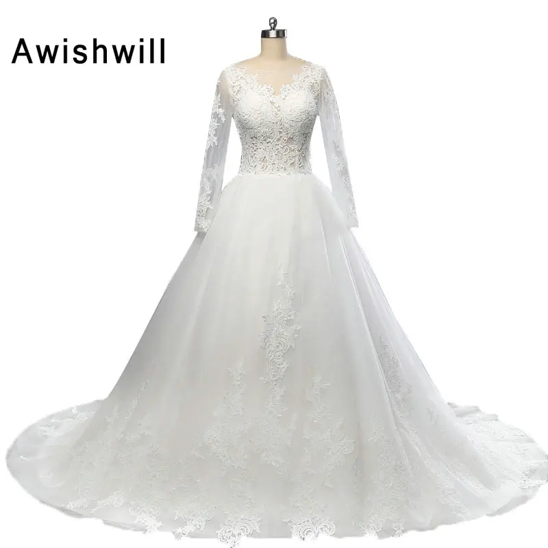 Vestido De Noiva Белое Бальное платье Свадебные платья с открытой спиной с длинным рукавом Кружева Аппликации Часовня Поезд Свадебные платья для женщин