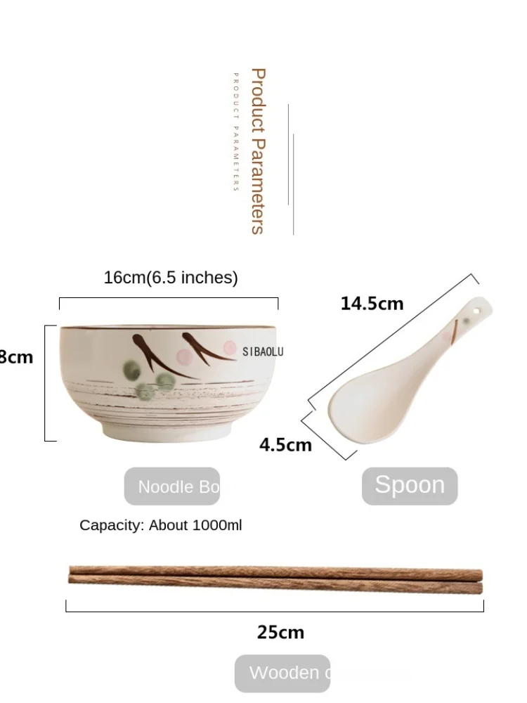 Japanese Style Rice Noodle Bowl with Lid Spoon and Chopstick Kitchen Tableware Ceramic Salad Soup Bowl Food Container Dinnerware
