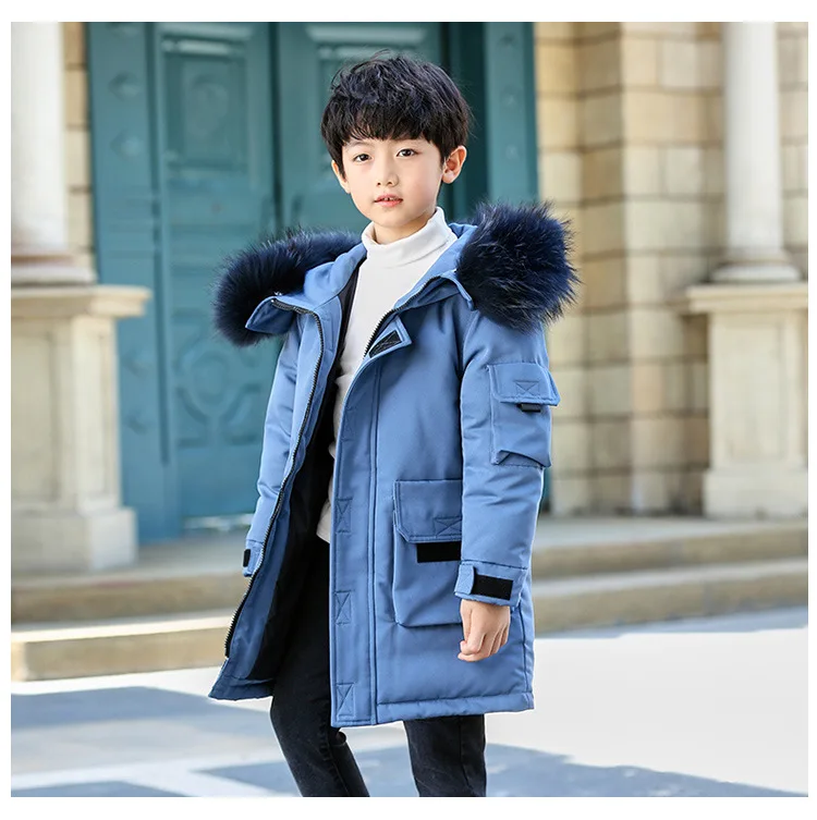 Парки для мальчиков-подростков, детское зимнее теплое пальто, пуховик для мальчиков, длинная плотная зимняя куртка, детское теплое пальто, натуральный мех, 130-160