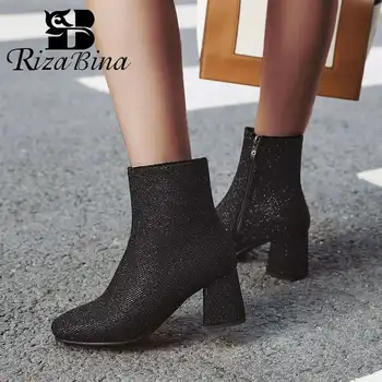 

RIZABINA Bling Fashion Ankle Boots For Women Round Toe Zipper Square Heels Shoes Autumn Winter Club Ladies Footwear Size 34-43