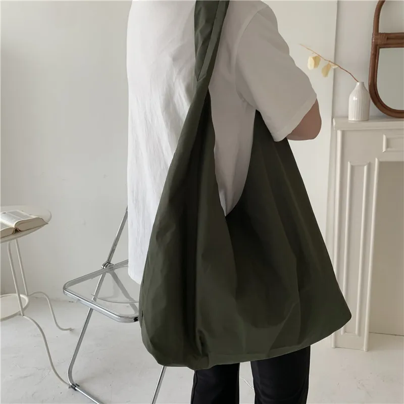 

Japanese Simple Nylon Shoulder Bag Large Capacity Shopping Tote Bag Solid Color Lightweight Retro Handbag