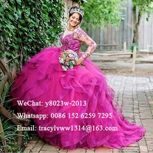 Ярко-розовые тюлевые Бальные платья с длинными рукавами, прозрачные кружевные каскадные оборки, бальное платье, милое 16 платье, Vestidos De 15 Anos