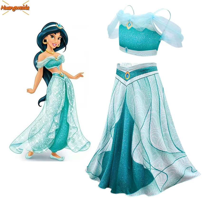 

Jasmine Dresses Girls Belly Dancer Princess Dress Aladdin Lamp for Girl Halloween Costume for Kids Top&Skirts Carnival Gift