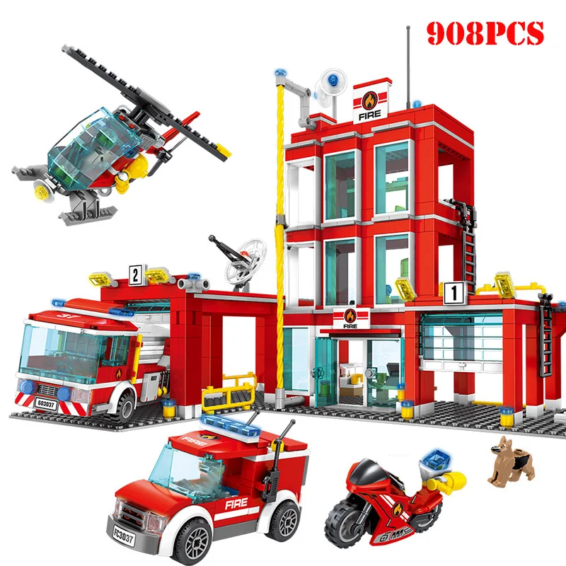 

Fire station Firefighting Truck Helicopter Motorcycle Building Blocks Compatible Legoing Firemen Figures Technic Brick Child Toy