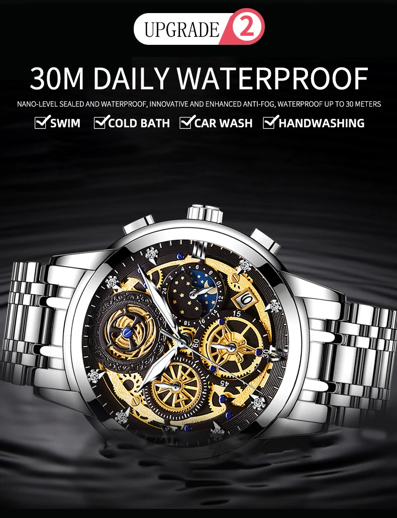 30M waterproof watch, luxury and stainless steel