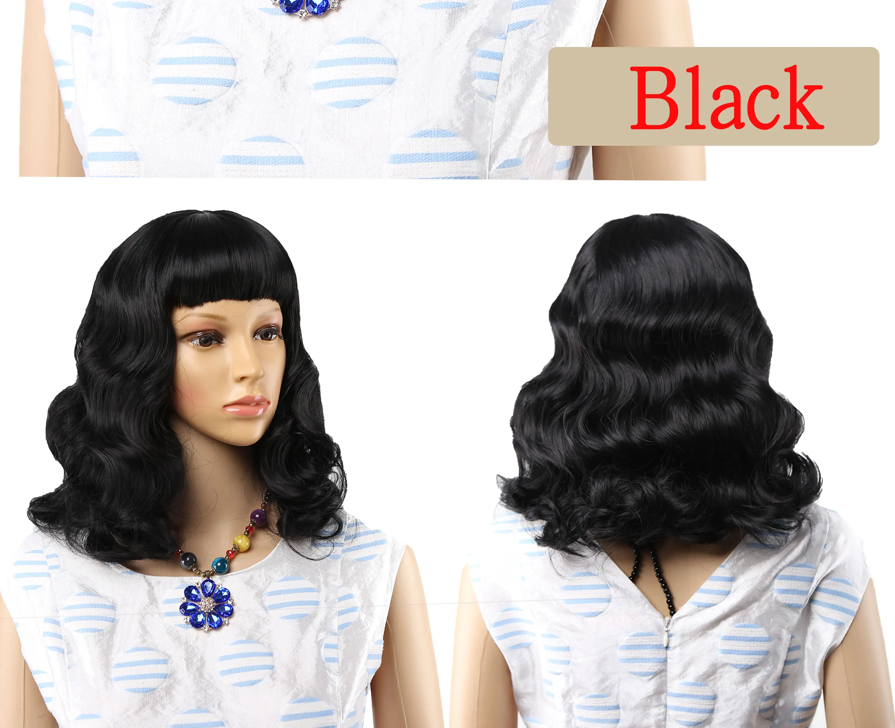 Black Bob Curly Synthetic Wigs With Flat Bangs Blonde Pink Soft Fake Hair Heat Resistant Fiber Hair for Women
